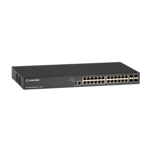 Black Box LPB3010A Gigabit Ethernet PoE+ Switch, 24 PoE+ ports, 4 10GbE SFP+ ports, RJ-45 Console port